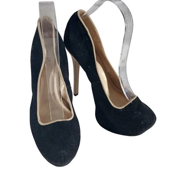 QUPID! BLACK VELVETEEN & TAN VEGAN SUEDE STILETTO PLATFORM HEELS, PUMPS! SZ 8.5M - Picture 2 of 14